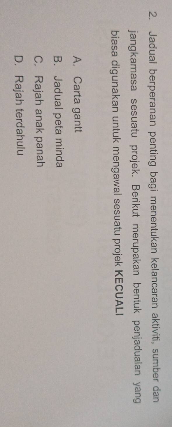 Jadual berperanan penting bagi menentukan kelancaran aktiviti, sumber dan
jangkamasa sesuatu projek. Berikut merupakan bentuk penjadualan yang
biasa digunakan untuk mengawal sesuatu projek KECUALI
A. Carta gantt
B. Jadual peta minda
C. Rajah anak panah
D. Rajah terdahulu