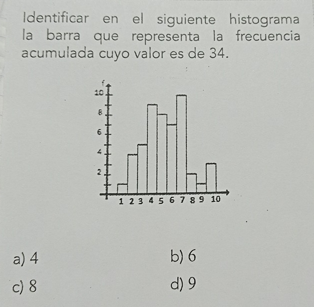 Identificar en el siguiente histograma
la barra que representa la frecuencia
acumulada cuyo valor es de 34.
a) 4 b) 6
c) 8 d) 9