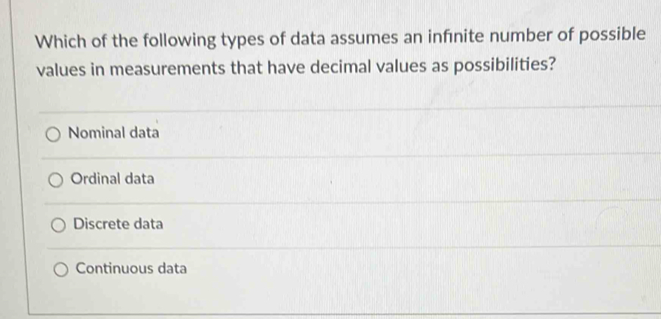 Solved: Which of the following types of data assumes an infinite number ...