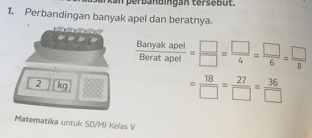 kan perbandingan tersebüt. 
1. Perbandingan banyak apel dan beratnya.
 Banyakapel/Beratapel = □ /□  = □ /4 = □ /6 = □ /8 
2 kg
= 18/□  = 27/□  = 36/□  
Matematika untuk SD/MI Kelas V