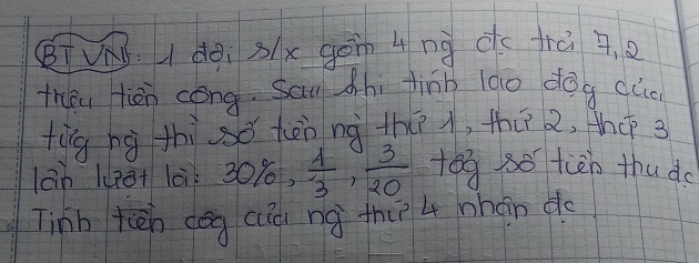 BTVK: I dài sx gàn 4ng dc frà 9. 2
thou iàn cong. Sau hi finn (ǎo dog dud 
tìg hg thi só tēn nà th i, thú 2, tho 3
lan lua+ là 30% ,  4/3 ,  3/20  tog s0 tien thudo 
Tinb tēn dog cāà ng thi 4 hhàn do