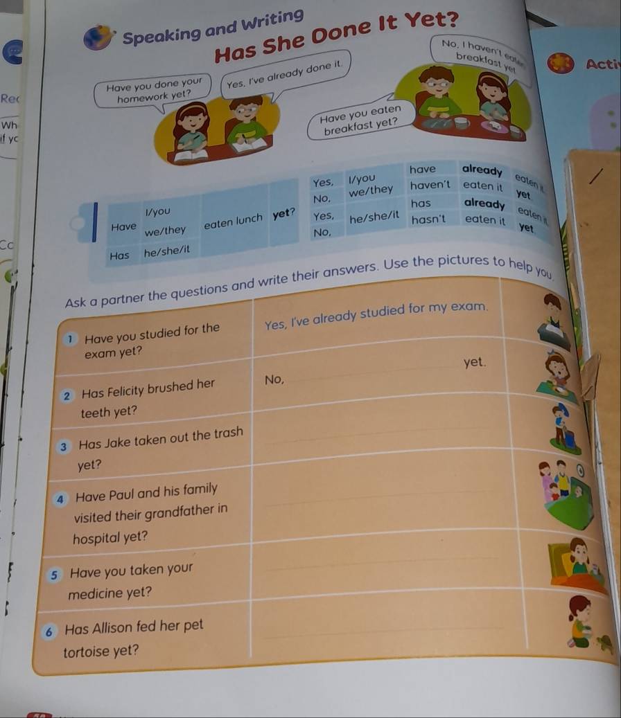 Speaking and Writing
Has She Done It Yet?
No. I haven't eat breakfast yet
Have you done your
Yes, I've already done it.
Acti
Rec
homework yet?
_
Wh
Have you eaten
breakfast yet?
if yc
_
have already
Yes, l/you eaten
No,
we/they haven't eaten it yet
I/you has already
Have eaten lunch yet? Yes, he/she/it
eaten it
Cơ we/they No, hasn't eaten it yet
Has a he/she/it
cture