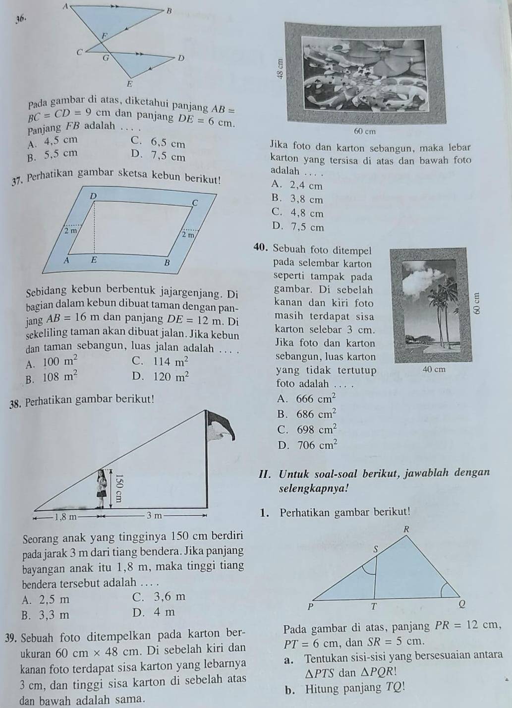 A
B
36.
F
C
G
D
E
Pada gambar di atas, diketahui panjang AB=
BC=CD=9cm dan panjang
Panjang FB adalah …_ DE=6cm.
A. 4,5 cm C. 6,5 cm Jika foto dan karton sebangun, maka lebar
B. 5,5 cm D. 7,5 cm karton yang tersisa di atas dan bawah foto
adalah . . . .
37. Perhatikan gambar sketsa kebun berikut! A. 2,4 cm
B. 3,8 cm
C. 4,8 cm
D. 7,5 cm
40. Sebuah foto ditempel
pada selembar karton
seperti tampak pada
Sebidang kebun berbentuk jajargenjang. Di gambar. Di sebelah
bagian dalam kebun dibuat taman dengan pan- kanan dan kiri foto
jang AB=16m dan panjang DE=12m. Di masih terdapat sisa
sekeliling taman akan dibuat jalan. Jika kebun karton selebar 3 cm.
Jika foto dan karton
dan taman sebangun, luas jalan adalah . . . . sebangun, luas karton
A. 100m^2 C. 114m^2
yang tidak tertutup
B. 108m^2 D. 120m^2....
foto adalah
38. Perhatikan gambar berikut! A. 666cm^2
B. 686cm^2
C. 698cm^2
D. 706cm^2
II. Untuk soal-soal berikut, jawablah dengan
selengkapnya!
1. Perhatikan gambar berikut!
Seorang anak yang tingginya 150 cm berdiri
pada jarak 3 m dari tiang bendera. Jika panjang
bayangan anak itu 1,8 m, maka tinggi tiang
bendera tersebut adalah . . . .
A. 2,5 m C. 3,6 m
B. 3,3 m D. 4 m 
39. Sebuah foto ditempelkan pada karton ber- Pada gambar di atas, panjang PR=12cm,
ukuran 60cm* 48cm. Di sebelah kiri dan PT=6cm , dan SR=5cm.
kanan foto terdapat sisa karton yang lebarnya a. Tentukan sisi-sisi yang bersesuaian antara
3 cm, dan tinggi sisa karton di sebelah atas
△ PTS dan △ PQR!
b. Hitung panjang TQ!
dan bawah adalah sama.