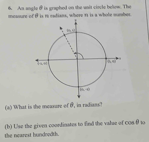 An angle θ is graphed on the unit circle below. The
measure of θ is n radians, where n is a whole number.
(a) What is the measure of  θ, in radians?
(b) Use the given coordinates to find the value of cos θ to
the nearest hundredth.