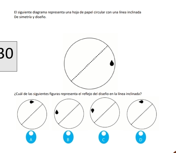 El siguiente diagrama representa una hoja de papel circular con una línea inclinada
De simetría y diseño.
30
¿Cuál de las siguientes figuras representa el reflejo del diseño en la línea inclinada?
A
B
C
D