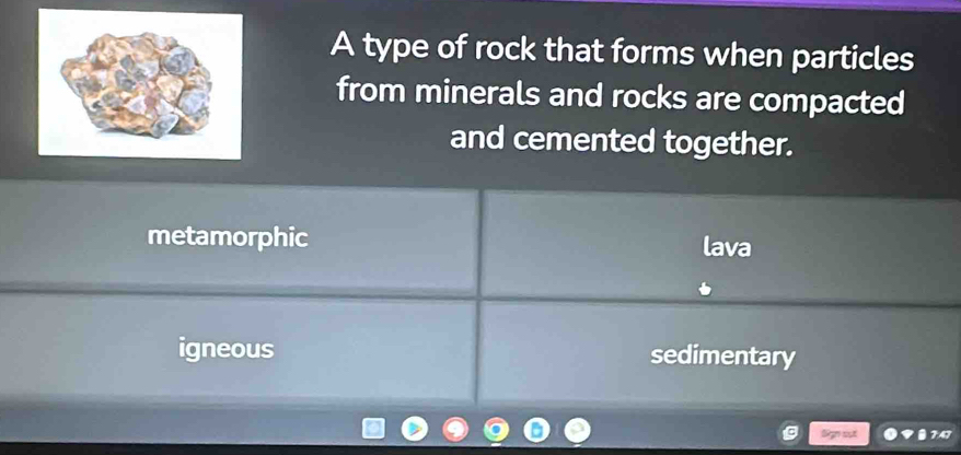 A type of rock that forms when particles
from minerals and rocks are compacted
and cemented together.
metamorphic lava
igneous sedimentary
Sign sut