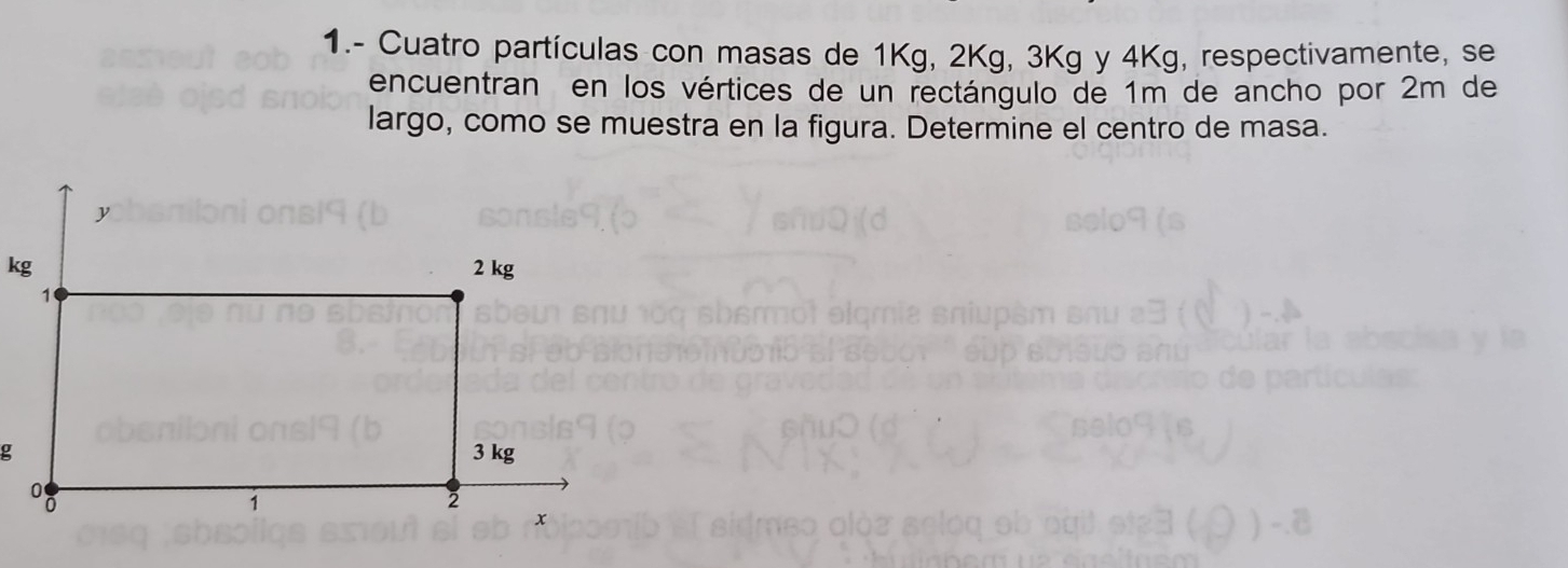 1.- Cuatro partículas con masas de 1Kg, 2Kg, 3Kg y 4Kg, respectivamente, se 
encuentran en los vértices de un rectángulo de 1m de ancho por 2m de 
largo, como se muestra en la figura. Determine el centro de masa.