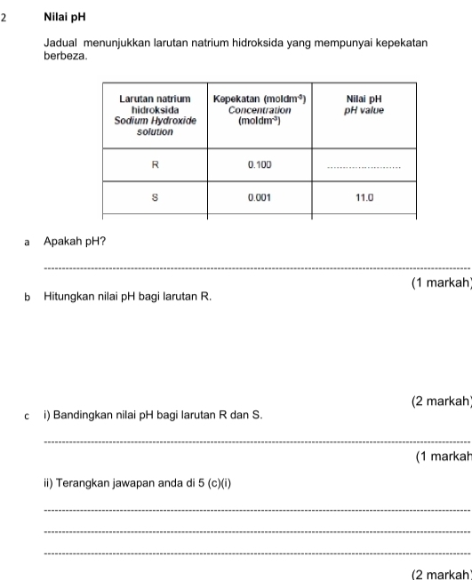 Nilai pH
Jadual menunjukkan larutan natrium hidroksida yang mempunyai kepekatan
berbeza.
a Apakah pH?
_
(1 markah)
b Hitungkan nilai pH bagi larutan R.
(2 markah)
c i) Bandingkan nilai pH bagi larutan R dan S.
_
(1 markah
ii) Terangkan jawapan anda di 5(c)(i)
_
_
_
(2 markah