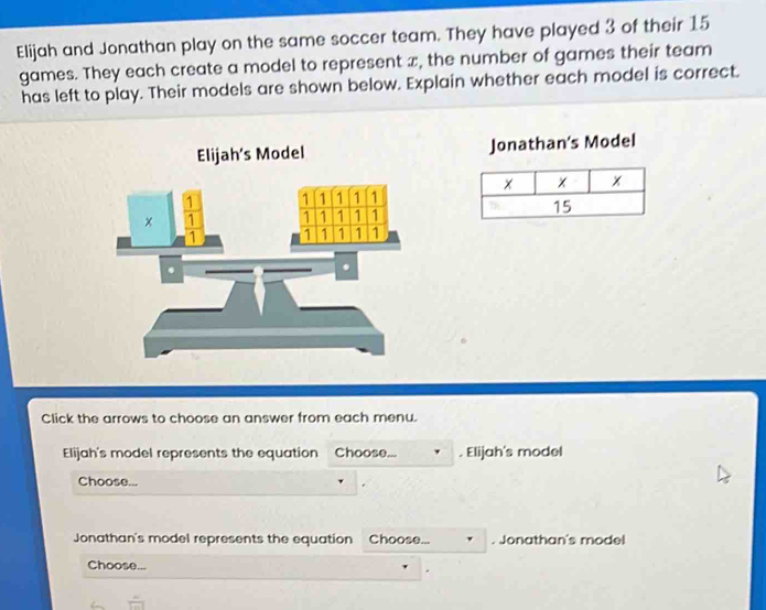 Elijah and Jonathan play on the same soccer team. They have played 3 of their 15
games. They each create a model to represent x, the number of games their team 
has left to play. Their models are shown below. Explain whether each model is correct. 
Elijah’s Model Jonathan's Model 
Click the arrows to choose an answer from each menu. 
Elijah's model represents the equation Choose... . Elijah's model 
Choose... 
Jonathan's model represents the equation Choose... . Jonathan's model 
Choose...