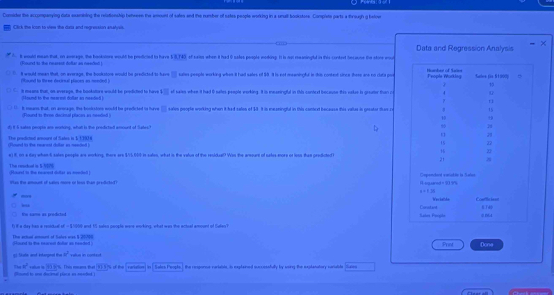 Consider the accompanying data examining the relationship between the amount of sales and the number of sales people working in a small bookstore. Complete parts a through g below
Click the icon to view the data and regression anallysis.
Data and Regression Analysis
" - It would mean that, on average, the bookstore would be predicted to have 5 8,740, of sales when it had 0 sales people working. It is not meeningful in this context because the store woul
(Round to the nearest dollar as needed )
D. It would mean that; on average, the bookstore would be predicted to have □ sales people working when it had salles of $0. It is not meaningful in this context since there are no data por
(Round to three decimal places as needed ) 
It means that, on average, the bookstore would be predicted to have 4□ of sales when it had 0 sales peoplo working. It is meaningful is this context because this value is greater than z
(Round to the nearest dollar as needed ) 
() It means that; on average, the bookstore would be predicted to have □ sales people working when it had sales of $0. It is meaningful in this context because this valus is greater then z
(Round to three decimal places as needed
d) If 6 sales people are working, what is the predicted amount of Sales? 
The predicted amount of Sales is $ 13924
(Round to the nearest dollar as needed )
e) I, on a day when 6 sales people are working, there are $15.000 in sales, what is the value of the residual? Was the amount of sales more or less than predicted?
The residual is $ 1876
(Round to the nearest dollar as needed )
Was the amount of sales more or less than predicted? R-squared = 93.5% Dependent variable is Sales
x=1.35
more Caristand Variatde Cosfficient 74
leas
the same as predicted Sales Paopin 0.864
f) if a day has a residual of —$1000 and 15 sales people were working, what was the actual amount of Sales?
The actual amount of Sales was $ 20700
Round to the nearest doliar as needed Prnt Done
g) State and interpret the R^2 vallus in context
ThaR^2
(Round to one decimal place as needed ) value is 119 %. This means that 823 % of the  varlation] in  Sales People, the response variable, is explained successfully by using the explanatory variable (Salro
Clear all Check ans=