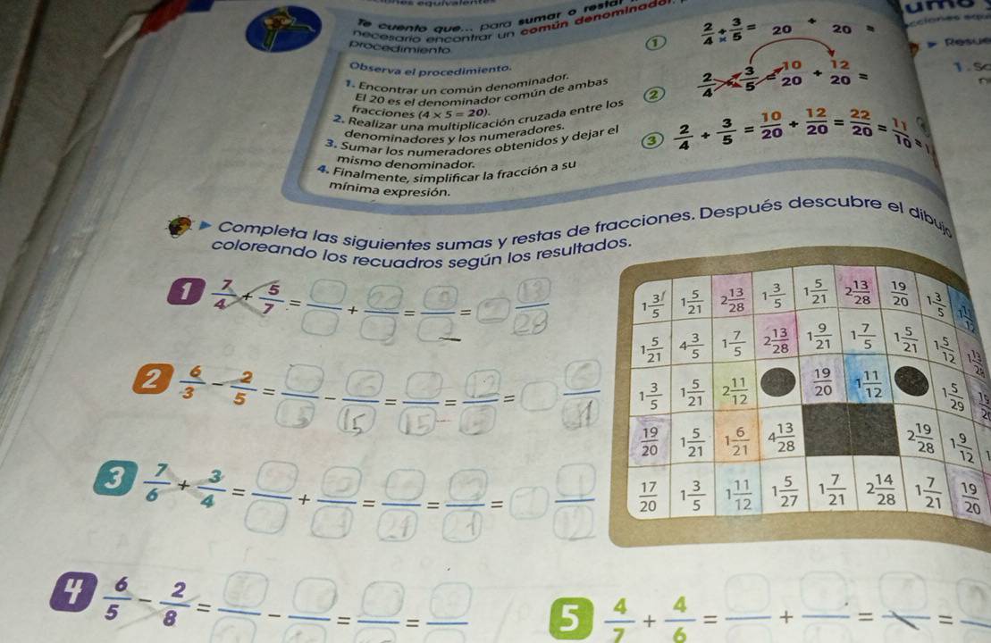 Te cuênto qve.. para sumar o resta
necesario encontrar un común denominado
um
Resue
procedimiento
①  2/4 /  3/5 =20 20
Observa el procedimiento. 1. S
1. Encontrar un común denominador.
El 20 es el denominador común de ambas  2/4 *  3/5 = 10/20 + 12/20 =
n
fracciones (4* 5=20).
2. Realizar un
ción cruzada entre los ②
denominadores v los numeradores
3. Sumar los numeradores obtenidos y dejar el  2/4 + 3/5 = 10/20 + 12/20 = 22/20 = 11/10 
mismo denominador.
4. Finalmente, simplificar la fracción a su
mínima expresión.
Completa las siguientes sumas y restas de fracciones. Después descubre el dibuj
coloreando los recuadros según los resultaos.
1 ∵-3,3-2.∞=
 13/24 
2
 15/2 
=+8-3-3-3·∞8
4  6/5 - 2/8 = □ /□  - □ /□  = □ /□  = □ /□   5 ÷+÷-+-