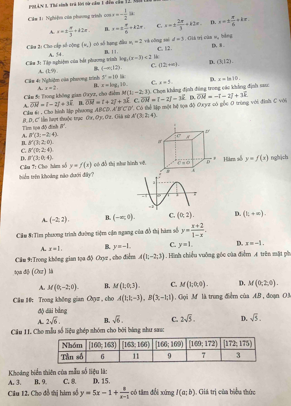 PHÀN I. Thí sinh trả lời từ câu 1 đến cầu 12. MMu
Câu 1: Nghiệm của phương trình cos x=- 1/2  là:
A. x=±  π /3 +k2π . B. x=±  π /6 +k2π . C. x=±  2π /3 +k2π . D. x=±  π /6 +kπ .
Câu 2: Cho cấp số cộng (u_n) có số hạng đầu u_1=2 và công sai d=3. Giá trị của u_4bing
D. 8 .
C. 12 .
A. 54 . B. 11.
Câu 3: Tập nghiệm của bất phương trình log _3(x-3)<2</tex> là:
A. (1;9).
B. (-∈fty ;12). C. (12;+∈fty ). D. (3;12).
Câu 4: Nghiệm của phương trình 5^x=10 là:
A. x=2.
B. x=log _510. C. x=5. D. x=ln 10.
Câu 5: Trong không gian Oxyz, cho điểm M(1;-2;3) 0. Chọn khẳng định đúng trong các khẳng định sau:
A. vector OM=vector i-2vector j+3vector k. B. vector OM=vector i+2vector j+3vector k. C. vector OM=vector i-2vector j-3vector k. D. vector OM=-vector i-2vector j+3vector k.
Câu 6: . Cho hình lập phương ABCD. A'B'C'D' T. Có thể lập một hệ tọa độ Oxyz có gốc O trùng với đỉnh C với
B. D,C' lần lượt thuộc trục 0x, Oy, Oz. Giả sử A'(3;2;4).
Tìm tọa độ đỉnh B'.
A. B'(3;-2;4).
B. B'(3;2;0).
C. B'(0;2;4).
D. B'(3;0;4).
Câu 7: Cho hàm số y=f(x) có đồ thị như hình vẽ. Hàm số y=f(x) nghịch
biến trên khoảng nào dưới đây?
A. (-2;2).
B. (-∈fty ;0).
D.
C. (0;2). (1;+∈fty ).
Câu 8:Tìm phương trình đường tiệm cận ngang của dhat o thị hàm số y= (x+2)/1-x .
D. x=-1.
A. x=1.
B. y=-1.
C. y=1.
Câu 9:Trong không gian tọa độ Oxyz , cho điểm A(1;-2;3). Hình chiếu vuông góc của điểm A trên mặt ph
tọa dhat Q(Oxz) là
A. M(0;-2;0). B. M(1;0;3). C. M(1;0;0). D. M(0;2;0).
Câu 10: Trong không gian Oxyz , cho A(1;1;-3),B(3;-1;1). Gọi M là trung điểm của AB , đoạn OM
độ dài bằng
A. 2sqrt(6). B. sqrt(6). C. 2sqrt(5). D. sqrt(5).
Câu 11. Cho mẫu số liệu ghép nhóm cho bởi bảng như sau:
Khoảng biến thiên của mẫu số liệu là:
A. 3. B. 9. C. 8. D. 15.
Câu 12. Cho đồ thị hàm số y=5x-1+ 8/x-1  có tâm đối xứng I(a;b). Giá trị của biểu thức