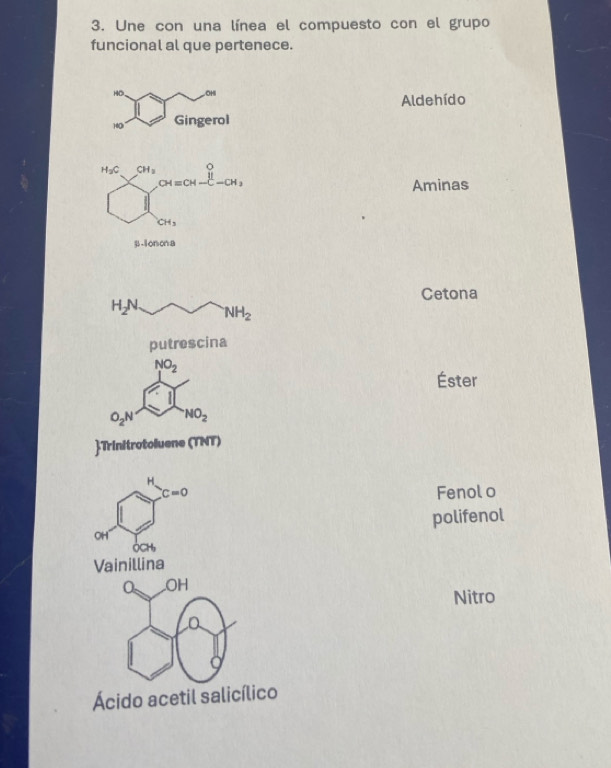 Une con una línea el compuesto con el grupo
funcional al que pertenece.
HD OHI
Aldehído
100 Gingerol^(ng)* n_S* [^(ce)°=frac  circ /3 -alpha _1, 
Aminas
β-lonona
Cetona
H_2N NH_2
putrescina
NO_2
O_2N^1NO_2
Éster
O_2N NO_2 
Trinitrotoluene (TNT)
H
C=0
Fenol o
OH polifenol
OCH,
Vainillina
0 .OH
Nitro
1 a
Ácido acetil salicílico