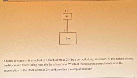 Solved: m 2m A block of mass m is attached to a block of mass 2m1 by a ...