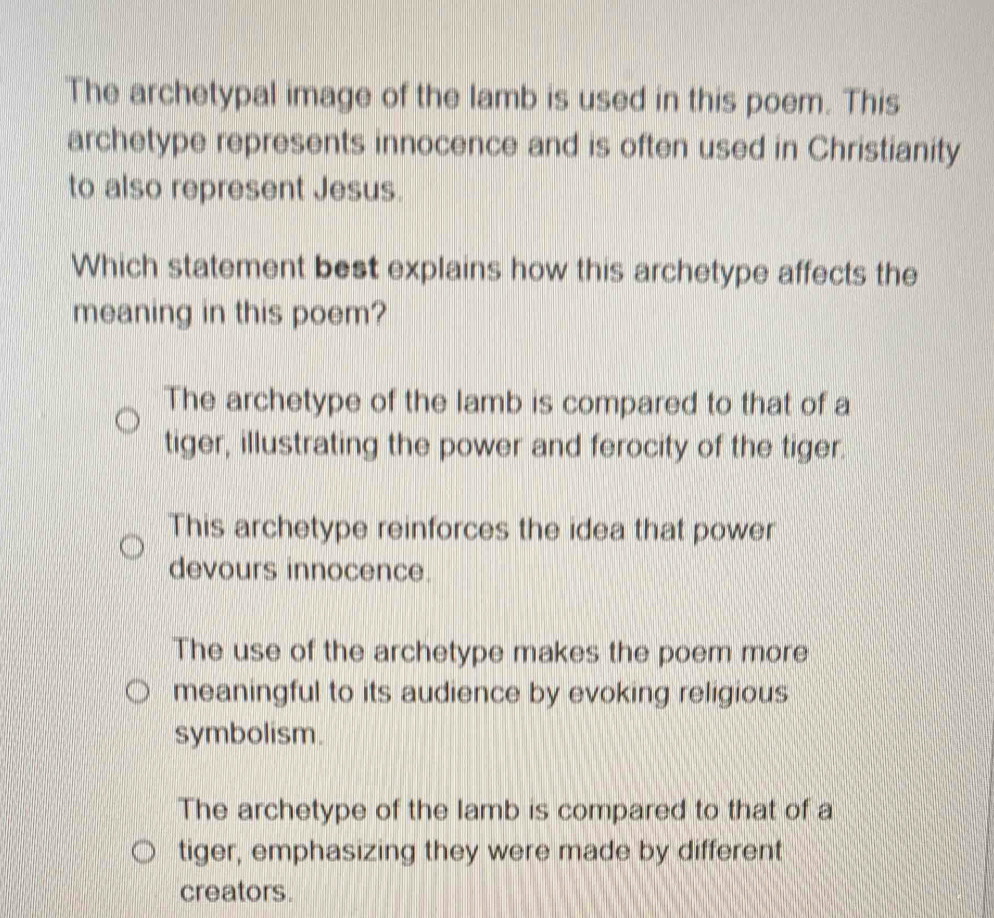 Solved: The archetypal image of the lamb is used in this poem. This ...