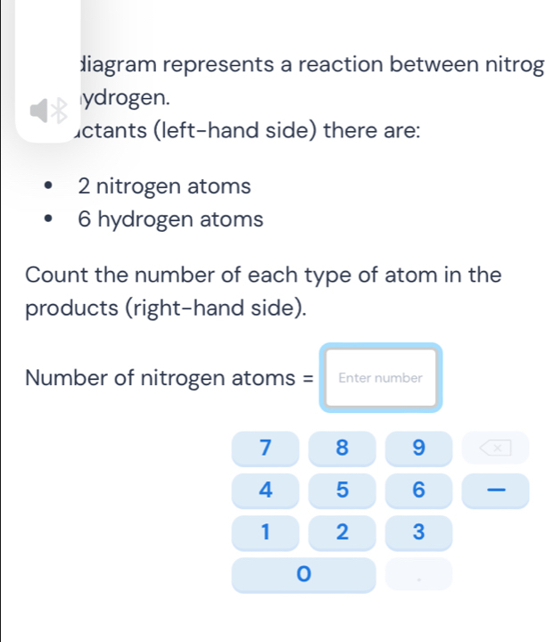 diagram represents a reaction between nitrog 
ydrogen. 
ctants (left-hand side) there are:
2 nitrogen atoms
6 hydrogen atoms 
Count the number of each type of atom in the 
products (right-hand side). 
Number of nitrogen atoms = Enter number
7 8 9
4 5 6
1 2 3
0