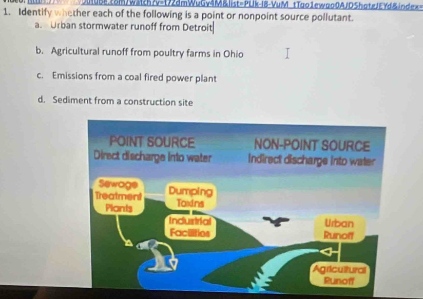 tTgo1ewqo0AJD5hotgJEYd&index=
1. Identify whether each of the following is a point or nonpoint source pollutant.
a. Urban stormwater runoff from Detroit
b. Agricultural runoff from poultry farms in Ohio
c. Emissions from a coal fired power plant
d. Sediment from a construction site