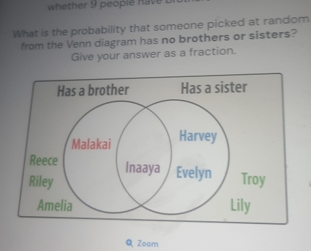 whether 9 people have . 
What is the probability that someone picked at random 
from the Venn diagram has no brothers or sisters? 
Give your answer as a fraction. 
Q Zoom