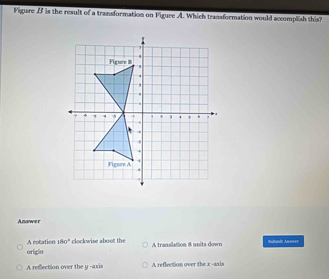 Figure B is the result of a transformation on Figure A. Which transformation would accomplish this?
7
-6
Figure B 5
4
3
2
-1
7 -6 -5 -4 -3 -1 1 2 3 4 5 6 7 x
-1
-2
-3
-4
Figure A -5
-6
-7
Answer
A rotation 180° clockwise about the A translation 8 units down Submit Answer
origin
A reflection over the y -axis A reflection over the x -axis