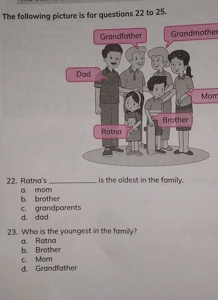 The following picture is for questions 22 to 25.
Grandmother
Mom
22. Ratna's _is the oldest in the family.
a. mom
b. brother
c. grandparents
d. dad
23. Who is the youngest in the family?
a. Ratna
b. Brother
c. Mom
d. Grandfather