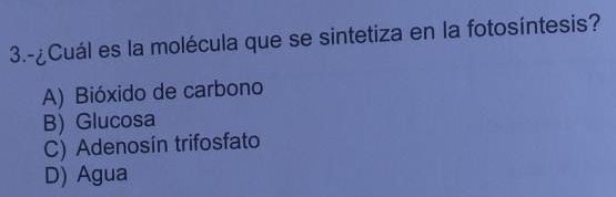 3.-¿Cuál es la molécula que se sintetiza en la fotosíntesis?
A) Bióxido de carbono
B) Glucosa
C) Adenosín trifosfato
D) Agua