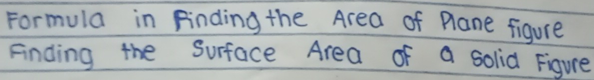 Formula in Finding the Area of Plane figure 
Finding the Surface Area of a solid Figure