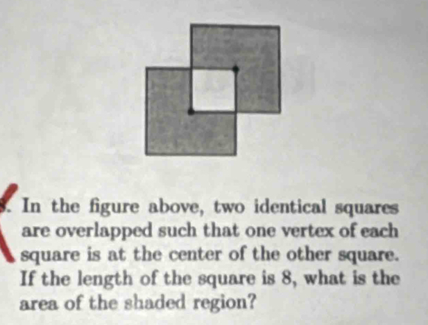 In the figure above, two identical squares 
are overlapped such that one vertex of each 
square is at the center of the other square. 
If the length of the square is 8, what is the 
area of the shaded region?