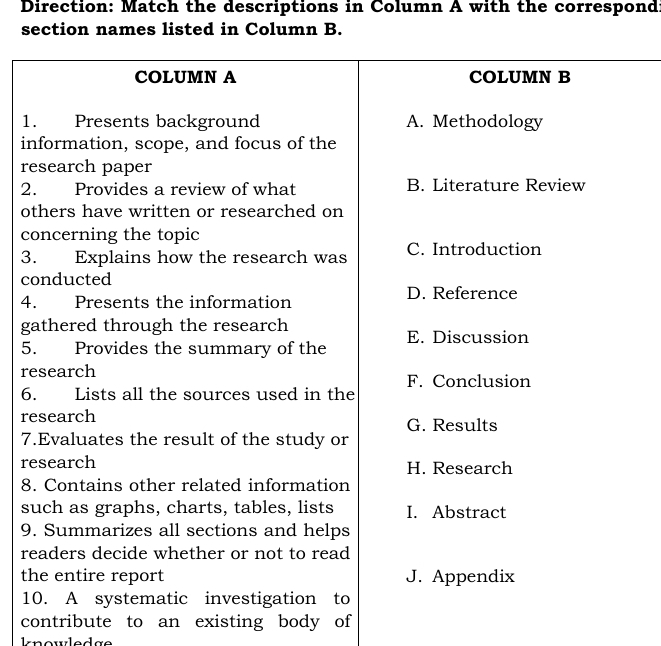 Direction: Match the descriptions in Column A with the correspond 
section names listed in Column B. 
1 
i 
r 
2 
o 
c 
3 
c 
4 
g 
5 
r 
6 
r 
7 
r 
8 
s 
9 
r 
t 
1 
contribute to an existing body of 
knowledge