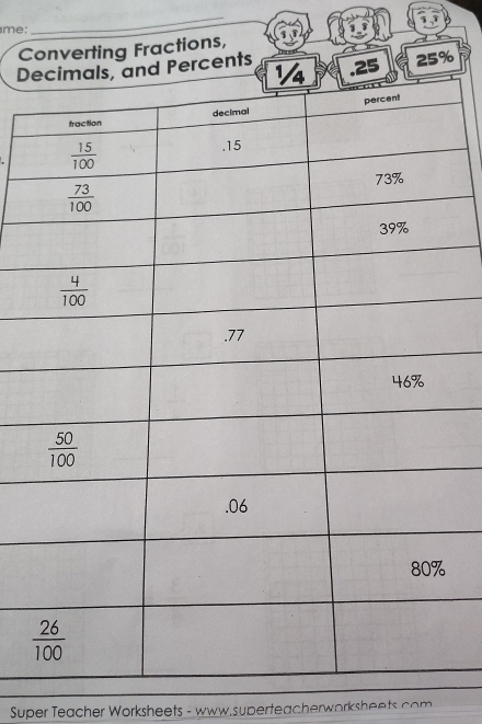 me:
_
Converting Fractions,
Drcents  25%
 
Super Teacher Worksheets - www.superteacherworksheets com