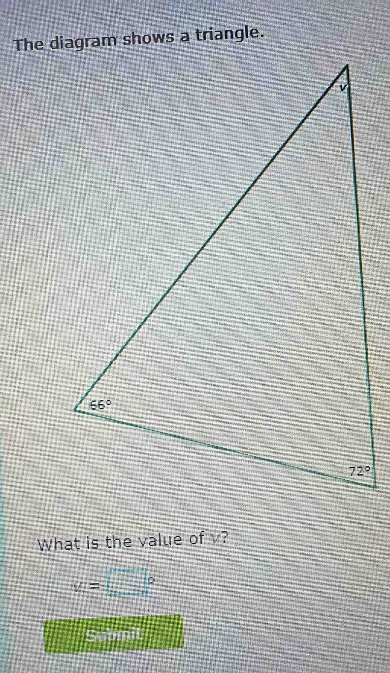 What is the value of v?
v=□°
Submi