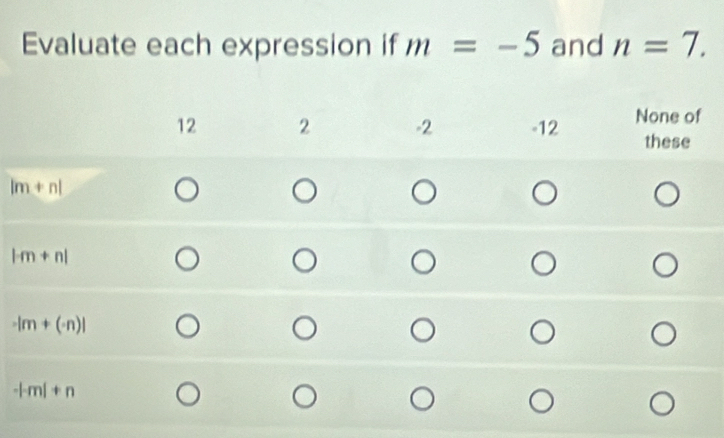 Evaluate each expression if m=-5 and n=7.