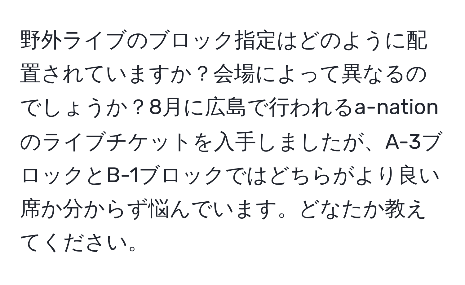 野外ライブのブロック指定はどのように配置されていますか？会場によって異なるのでしょうか？8月に広島で行われるa-nationのライブチケットを入手しましたが、A-3ブロックとB-1ブロックではどちらがより良い席か分からず悩んでいます。どなたか教えてください。