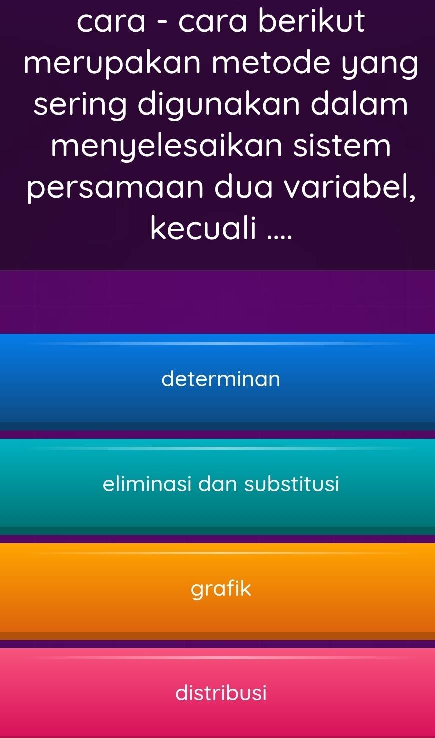 cara - cara berikut
merupakan metode yang
sering digunakan dalam
menyelesaikan sistem
persamaan dua variabel,
kecuali ....
determinan
eliminasi dan substitusi
grafik
distribusi