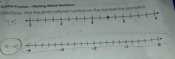 Guided Practice - Plotting Mixed Numbers
Direct rational number on the number line provided.
1) 
2)