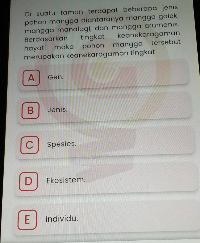 Di suatu taman terdapat beberapa jenis
pohon mangga diantaranya mangga golek,
mangga manalagi, dan mangga arumanis.
Berdasarkan tingkat keanekaragaman
hayati maka pohon mangga tersebut 
merupakan keanekaragaman tingkat
A Gen.
B Jenis.
C Spesies.
) Ekosistem.
E Individu.