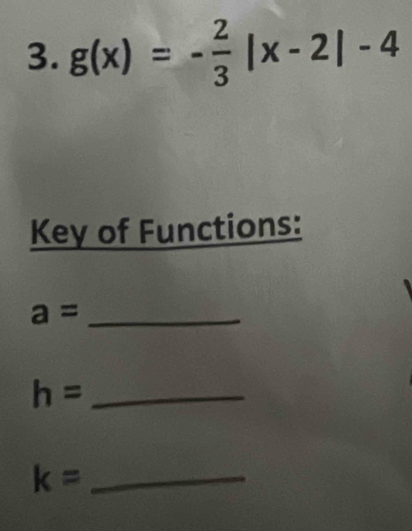 g(x)=- 2/3 |x-2|-4
Key of Functions: 
_ a=
h= _ 
_ k=