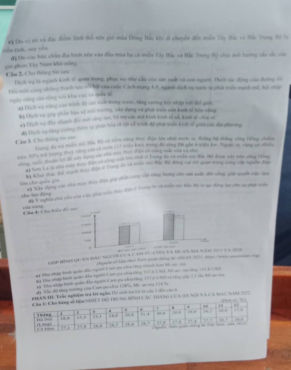 Do vị trì và đặc điểm lãnh thổ nên gió mùa Đông Bắc khi di chuyển đến miễn Tây Bắc và Bắc Trung Bộ bị
tiển tính, suy yếu.
đ) Đo các bức chân địa hình nên vào đầu mùa hạ cá miền Tây Bắc và Bắc Trung Bộ chịu ánh hướng sâu sắc của
gió phơn Tây Nam khô nóng
Câu 2, Cho thông tin sau:
Dịch vụ là ngành kinh tế quan trọng, phục vụ như cầu của sản xuất và con người. Đưới tác động của đường lối
Đối mới cùng những thành tựu nổi bật của cuộc Cách mạng 4.0, ngành dịch vụ nước ta phát triển mạnh mẽ, hội nhập
ngày càng sáu rộng với khu vực và quốc tễ,
a) Dịch vụ năng cao trình độ sản xuất trong nước, tăng cường hội nhập với thể giới
h) Dịch vụ gốp phần bao vệ môi trường, xây dựng và phát triển nền kinh tế hến vựng.
c) Dịch vụ đây nhanh đội mới sáng tạo, bộ trợ các mô hình kinh tế số, kinh tế chia sẽ
đ) Dịch vụ tầng cường thêm sự phầu hóa rõ rột về trình độ phát triển kính tế giữa các địa phương.
Câu 3. Cho thông tin sau:
Trung du và miền núi Bắc Bộ có tiềm năng thuy điện lớn nhất nước ta. Riếng hệ thống sông Hồng chiếm
trên 30% trữ lưượng thuy năng của cả nước (11 triệu kw), trong đó sông Đã gần 6 triệu kw. Ngoài ra, súng có nhiều
sông, suối, thuận lợi đề xây dựng các nhà mày thuy điện có công suất vừa và nhó
a) Sơn La là nhà mày thủy điện có công suất lớn nhất ở Trong đu và miền núi Bắc Bộ được xây trên sống Hồng
b) Khai thác thể mạnh thủy điện ở Trung đu và miền núi Bắc Bộ đóng vai trò quan trọng cong cấp nguồn điện
c) Xây dựng các nhà máy thủy điện góp phần cung cấp năng lượng cho sân xuất, đời sống, giải quyết việc tâm
lón cho quốc gia
d) y nghĩa chủ yêu của việc phát triển thủy điện ở Trung du và miền núi Bắc Hộ là tạo động lực cho sự phát triển
cho lao dộng.
của vùng
Câu 4: Cho hiểu đồ
GDP bình quân đầu người của Cam-PU-Chia và ML-a và 2020
tNguồn số liệu theo Niên giám thông kê ASEAN 2021, htpx /ww aeantao.org
n) Thu nhập bình quân đầu người Cam-pu-chia tăng nhanh hơm Mi-an- ma
b) Thu nhập bình quân đầu người Cam-pu-chia tăng 337,6 USD, Mi-an- ma tăng 1458 USD
c) Thu nhập bình quân đầu người Cam-pu-chia tăng 337,6 USD và tăng gáp 2,5 lần Mi-an-ma
d) Tốc độ tăng trưởng của Cam-pu-chia 128%, Mi- an-ma 114 %
PHẢN III: Trắc nghiệm trá lời ngắn.Thị sinh tra lời từ cầu 1 đến cầu 6,
ộ TRUNG BÌNH CÁC THANG CUA HA Nội Và CA MAU NăM 2022
C)