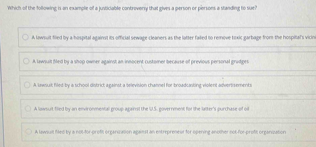 Solved: Which of the following is an example of a justiciable ...