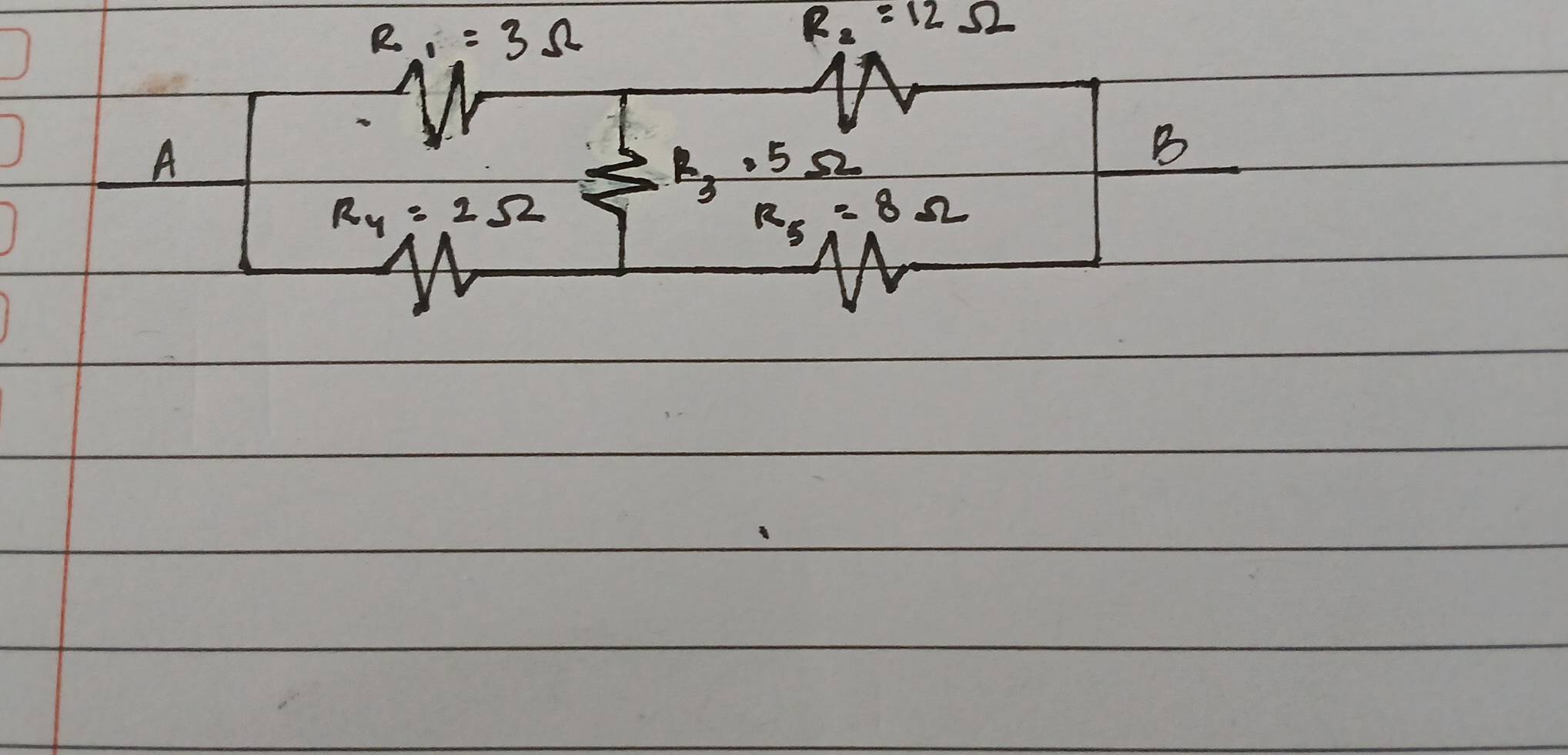 R_1=3Omega
R_2=12Omega
A
R_3· 5Omega
B
R_4=2Omega
R_5=8Omega