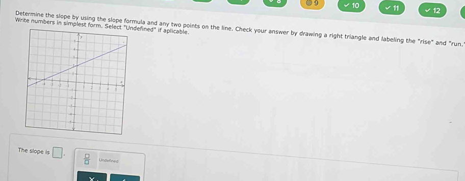 9 10 11 12 
Write numbers in simplest fodefined" if aplicable. 
Determine the slope by using the slope formula and any two points on the line. Check your answer by drawing a right triangle and labeling the "rise" and "run. 
The slope is □.  □ /□   Undefined