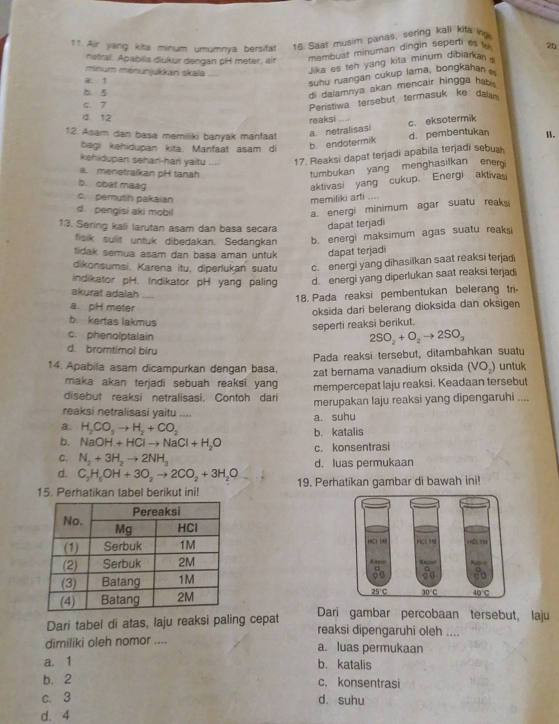 Air yang kita minum umumnya bersifat 16. Saat musim panas, sering kali kita in
netral. Apabila diukür dengan pH meter, air membuat minuman dingin seperti es t
20
minum ménunjukkan skala
Jika es teh yang kita minum dibiarkan
a. 1
suhu ruangan cukup lama, bongkahan
b. 5
di dalamnya akan mencair hingga habis.
C. 7
Peristiwa tersebut termasuk ke dalam
d. 12
reaksi ....
a. netralisasi c. eksotermik
12. Asam dan basa memiliki banyak manfaat d. pembentukan Ⅱ.
bagi kehidupan kita. Manfaat asam di b. endotermik
kehidupan sehari-hari yaitu ...
17. Reaksi dapat terjadi apabila terjadi sebuah
a. menetraikan pH tanah
tumbukan yang menghasilkan energi
b. obat maag
aktivasi yang cukup. Energi aktivasi
c. pemutih pakaian memiliki arti ....
d. pengisi aki mobil
a. energi minimum agar suatu reaksi
13. Sering kali larutan asam dan basa secara dapat terjadi
fisik sulit untuk dibedakan. Sedangkan b. energi maksimum agas suatu reaksi
tidak semua asam dan basa aman untuk dapat terjadi
dikonsumsi. Karena itu, diperlukan suatu c. energi yang dihasilkan saat reaksi terjadi
indikator pH. Indikator pH yang paling d. energi yang diperlukan saat reaksi terjadi
akurat adalah ....
18. Pada reaksi pembentukan belerang tri-
a. pH meter
oksida dari belerang dioksida dan oksigen
b. kertas lakmus
seperti reaksi berikut.
c. phenolptalain
2SO_2+O_2to 2SO_3
d. bromtimol biru
Pada reaksi tersebut, ditambahkan suatu
14. Apabila asam dicampurkan dengan basa, zat bernama vanadium oksida (VO_2) untuk
maka akan terjadi sebuah reaksi yang 
disebut reaksi netralisasi. Contoh dari mempercepat laju reaksi. Keadaan tersebut
merupakan laju reaksi yang dipengaruhi ....
reaksi netralisasi yaitu ....
a. suhu
a. H_2CO_3to H_2+CO_2
b. katalis
b. NaOH+HClto NaCl+H_2O
C. N_2+3H_2to 2NH_3 c. konsentrasi
d. luas permukaan
d. C_2H_5OH+3O_2to 2CO_2+3H_2O
19. Perhatikan gambar di bawah ini!
15. Perhatikan tabel berikut ini!
 
 
Dari gambar percobaan tersebut, laju
Dari tabel di atas, laju reaksi paling cepat reaksi dipengaruhi oleh ....
dimiliki oleh nomor .... a. luas permukaan
a. 1 b. katalis
b. 2 c. konsentrasi
c. 3 d. suhu
d. 4