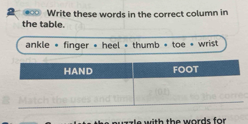 Write these words in the correct column in 
the table. 
ankle • finger • heel • thumb • toe • wrist 
HAND FOOT 
e with the words for