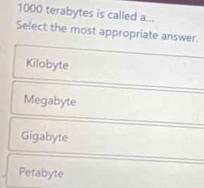 1000 terabytes is called a...
Select the most appropriate answer.
Kilobyte
Megabyte
Gigabyte
Petabyte