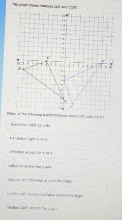 The graph shows triangles CDE and C'D'E'.
transiation right 12 unts
translation right 9 unts
reflection across the x-axs
reflection across the y-axis
rotation 90° clockwise around the orgin
rotation 90° counterclockwise around the orgin
rotation 180° around the ongin