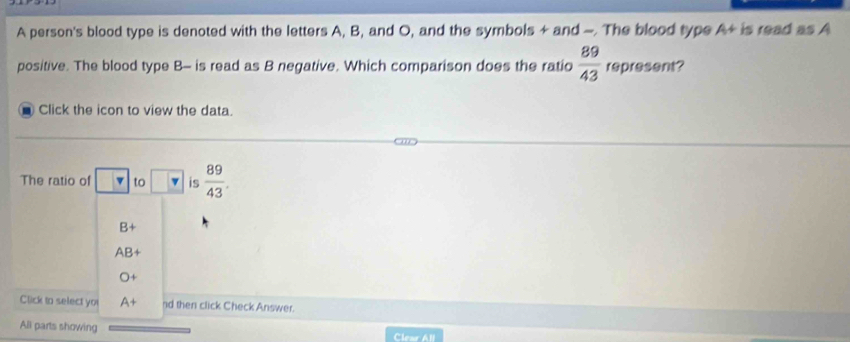 A person's blood type is denoted with the letters A, B, and O, and the symbols + and -. The blood type A+ is read as A
positive. The blood type B- is read as B negative. Which comparison does the ratio  89/43  represent?
. Click the icon to view the data.
The ratio of P to° is  89/43 .
B+
AB+
O+
Click to select yo A+ nd then click Check Answer.
All parts showing Clear All