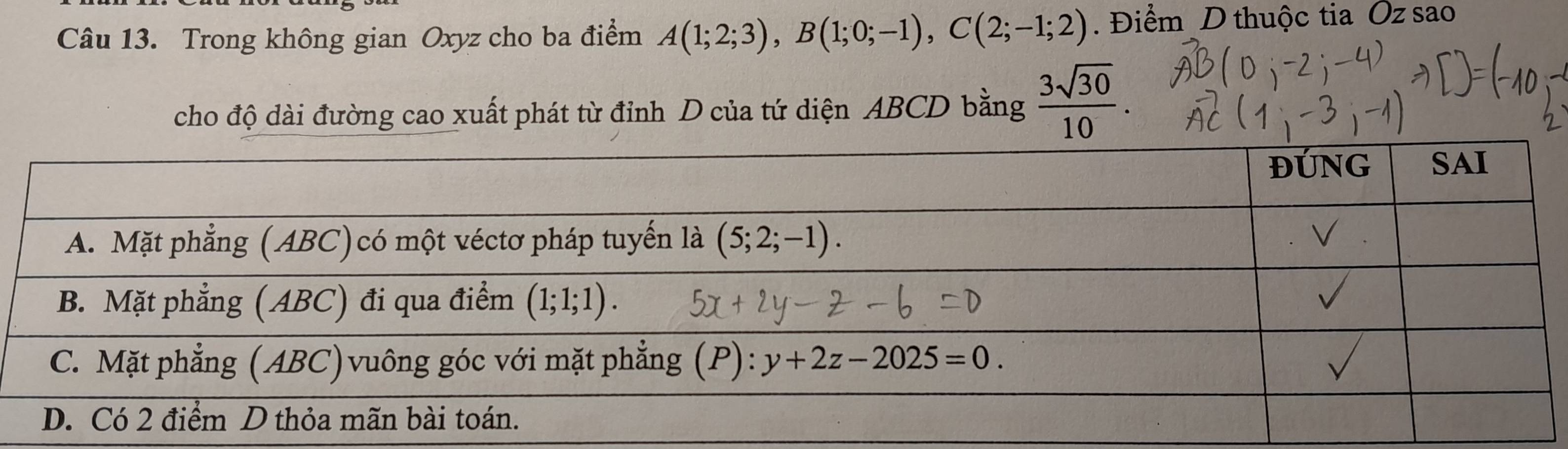 Trong không gian Oxyz cho ba điểm A(1;2;3),B(1;0;-1),C(2;-1;2). Điểm D thuộc tia Oz sao
cho độ dài đường cao xuất phát từ đỉnh D của tứ diện ABCD bằng  3sqrt(30)/10 .