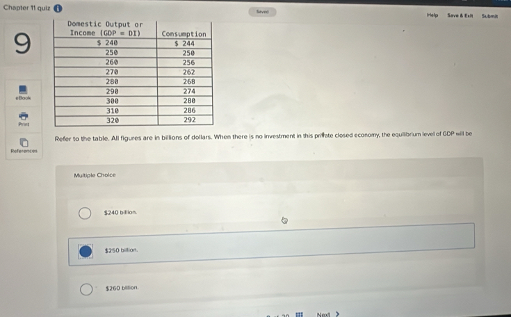 Chapter 11 quiz Saved Help Save & Exit Submit
9
e8ook
Print
Refer to the table. All figures are in billions of dollars. When there is no investment in this private closed economy, the equilibrium level of GDP will be
References
Multiple Choice
$240 billion.
$250 billion.
$260 billion.