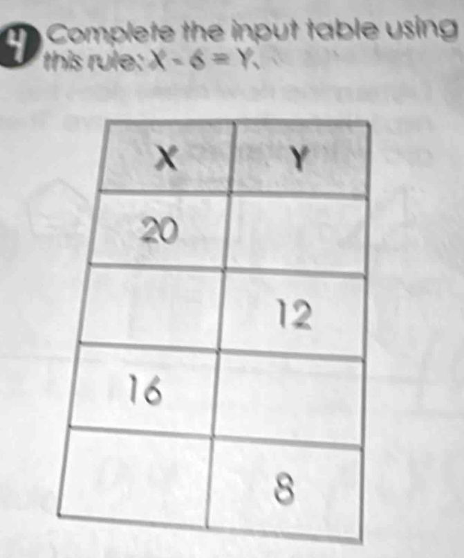 Complete the input table using 
this rule: X-6=Y.