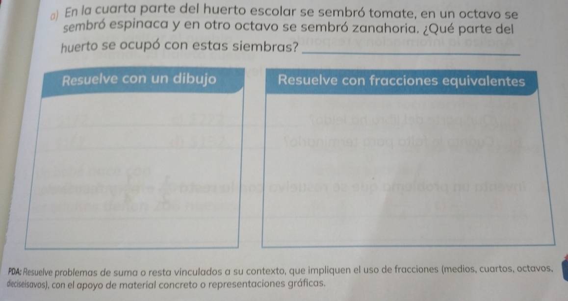 ) En la cuarta parte del huerto escolar se sembró tomate, en un octavo se 
sembró espinaca y en otro octavo se sembró zanahoria. ¿Qué parte del 
huerto se ocupó con estas siembras?_ 
Resuelve con fracciones equivalentes 
PDA: Resuelve problemas de suma o resta vinculados a su contexto, que impliquen el uso de fracciones (medios, cuartos, octavos, 
dieciseisavos), con el apoyo de material concreto o representaciones gráficas.