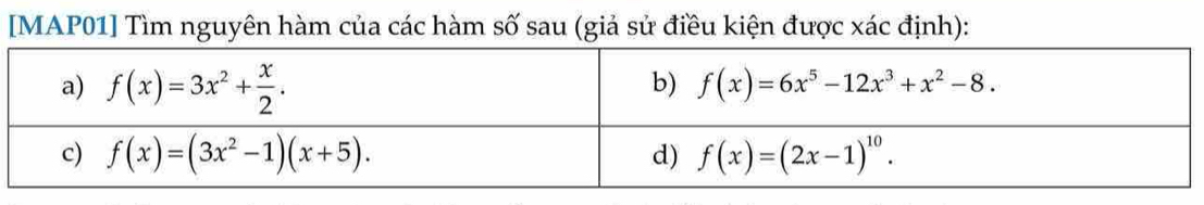 [MAP01] Tìm nguyên hàm của các hàm số sau (giả sử điều kiện được xác định):